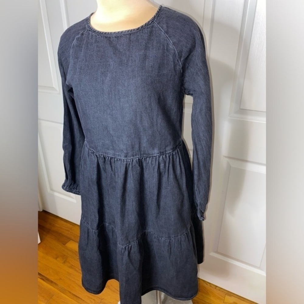 beachlunchlounge Black Acid Wash Cotton Tiered Mini Dress – Long Sleeve – XS